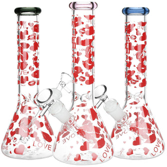 Pulsar Hearts and Kisses Glass Beaker Water Pipe - 9.75" / 14mm F / Colors Vary