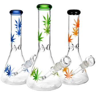 Sacre Bleu Leaf Print Beaker Water Pipe - 10"/14mm F/Colors Vary